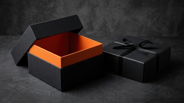 Two square gift boxes with black lids and orange interiors sitting on a dark textured surface with one box open and one closed with a black ribbon