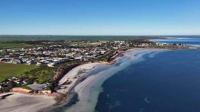 Port Hughes and Moonta Bay, Yorke Peninsula, South Australia &ndash; 4K aerial drone view of tidal sand flats, Spencer Gulf, coastal town, beachfront house, residential streets, beaches