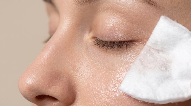Woman cleaning cheek and eye area with soft white cotton pad during skincare routine