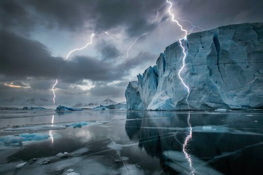 Intense lightning strikes illuminating a massive blue glacier iceberg floating in a frozen arctic lake during a dark stormy night in winter