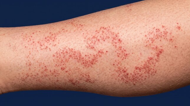 Extreme close up of red petechiae rash and skin allergy inflammation on human leg