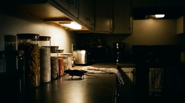 Small black rodent standing on a dark kitchen countertop near food containers at night