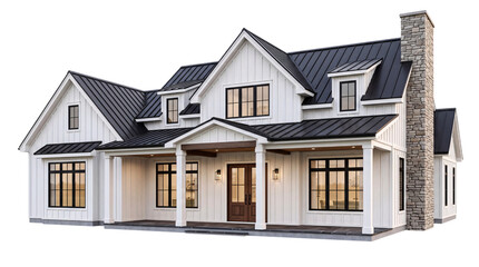 Fototapeta premium Classic white farmhouse with black roof isolated on png transparent background