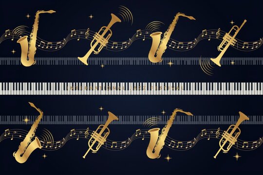 Jazz festival background, with golden saxophones, trumpets, musical notes, and piano keys, on a dark, blue surface, musical, performance concept