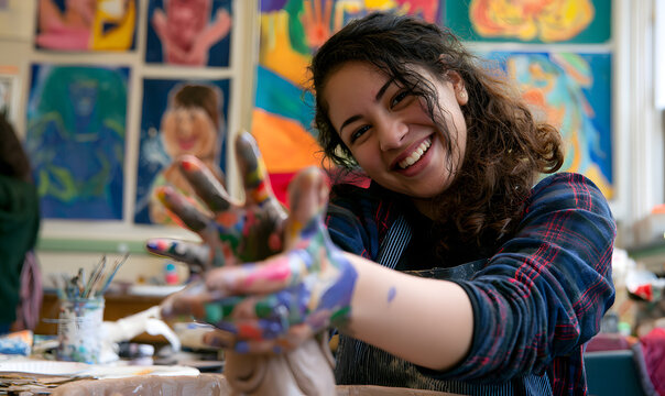 a high school student gleefully crafted a clay sculpture with smudged paint, ensconced among vibrant wall art and a smorgasbord of artistic supplies in an enthusiastic art room brimming with creativit