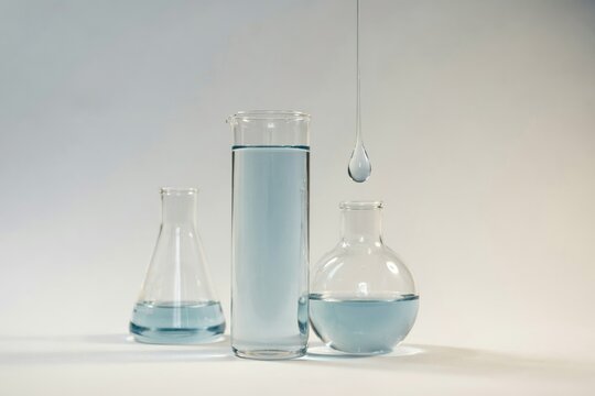 Laboratory glassware including a flask and a cylinder filled with blue liquid with a single drop falling from above on a white background