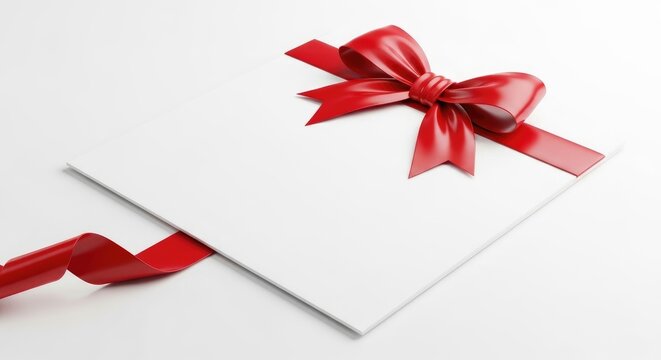 A square white gift card or envelope decorated with a bright red satin ribbon bow isolated on a clean white background, for celebrations