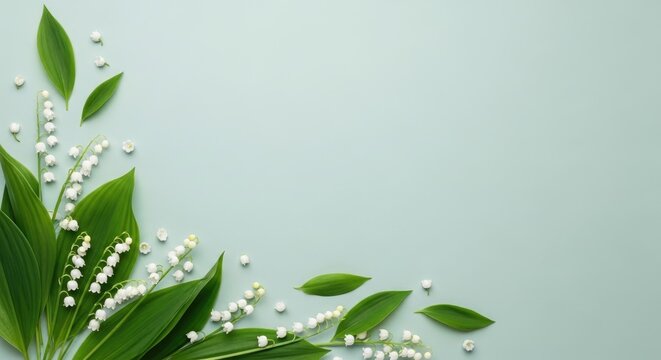 Delicate lily of the valley flowers with lush green leaves arranged on a soft pastel mint green background, with copy space, for text