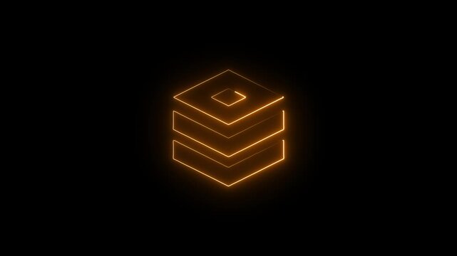Glowing neon cube abstract animation, minimalist geometric 3 d shape rotating on black background