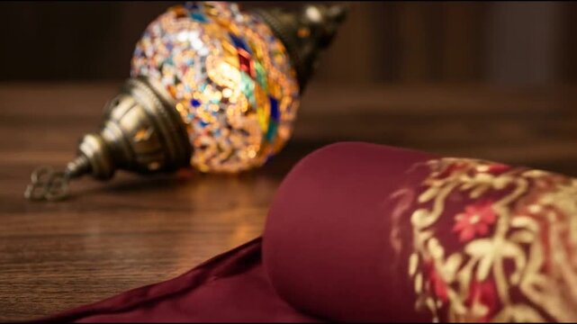 Rolled patterned rug and ornate mosaic lamp on wood.