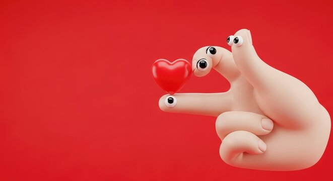 3d rendered cartoon hand with multiple eyes on fingers holding a small glossy red heart against a solid bright red background, for a concept