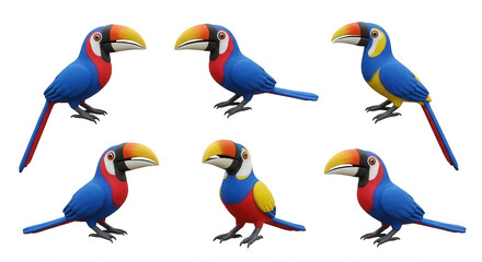 Fototapeta premium cartoon toucans standing various poses white background studio shot potential educational resource or illustration