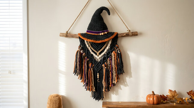 Crocheted witch hat wall hanging with colorful fringe with suspended wooden branch against neutral wall complemented seasonal autumn accents