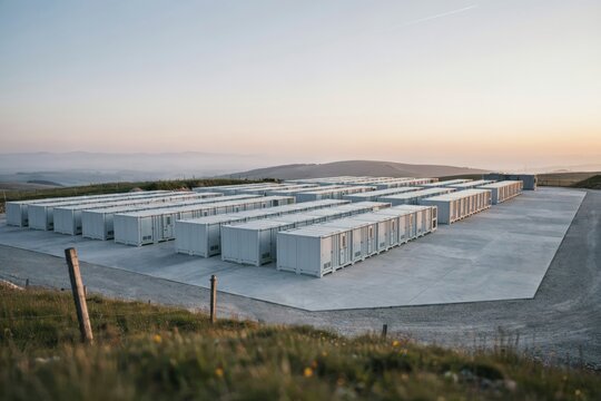 Large field of white industrial battery storage containers arranged in rows on a concrete pad at sunset with rolling hills in the background