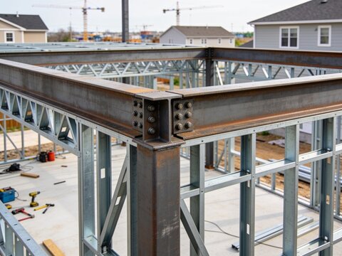 A construction site showing a heavy-duty steel I-beam column and girder assembly in a new frame.