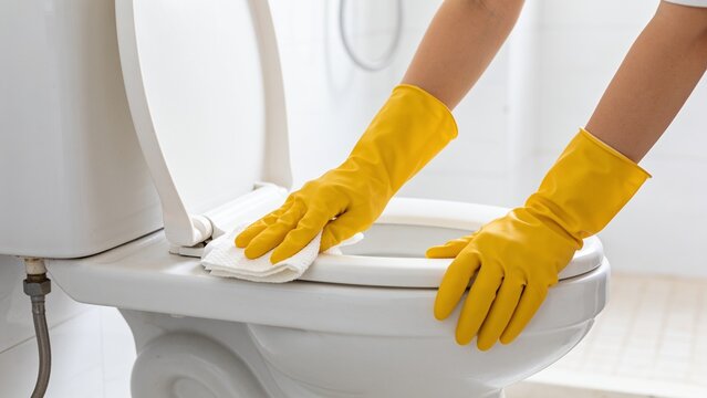 A close-up view of hands wearing yellow rubber gloves cleaning a white toilet seat with a cloth.