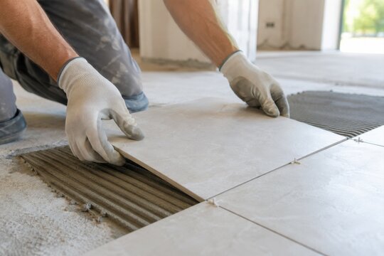 A construction worker wearing gloves carefully installs a ceramic tile onto a mortar adhesive base.
