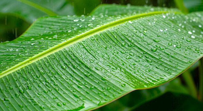 green  banana leaf with water drops