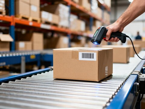 A close-up view of a warehouse worker using a handheld scanner to read a barcode on a cardboard box.