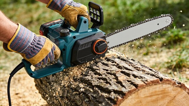 A close-up view of a person using an electric chainsaw to cut a log, with sawdust flying around.
