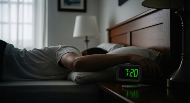 A person sleeping in a bed at night with a digital alarm clock showing the time 7:20 on the bedside table next to a warm lamp light