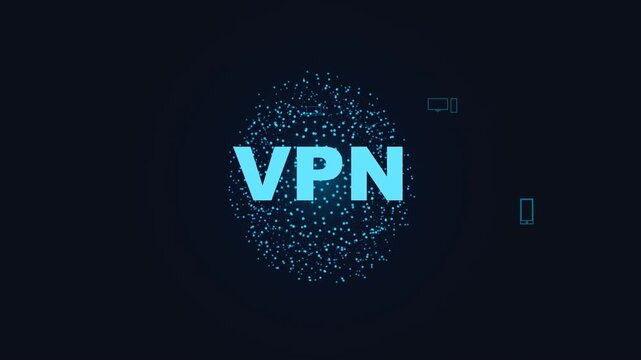 VPN Digital Security Concept with Glowing Text and Particle Data Sphere