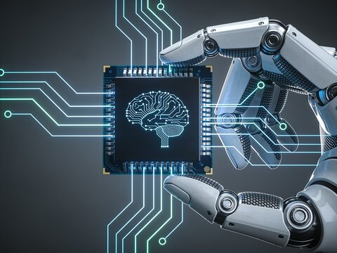 A detailed robotic hand carefully holding a computer chip featuring a glowing digital brain circuit.