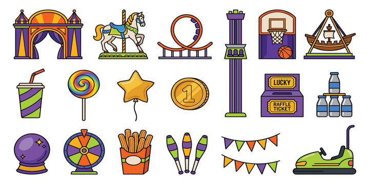 Amusement Park and Carnival Vector Element Set Featuring Rollercoaster Carousel Drop Tower Lucky Raffle Ticket Box and Fairground Attractions for Website Design