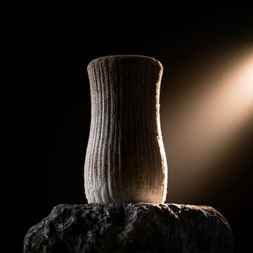 A dramatic close-up shot of an ancient clay tablet featuring cuneiform inscriptions, resting on a textured rock under atmospheric side lighting.