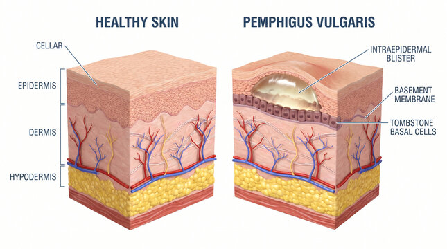 Cross-Section of Healthy Skin vs Pemphigus Vulgaris Showing Intraepidermal Blistering