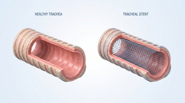 3D Medical Illustration Comparing a Healthy Trachea to an Inserted Tracheal Stent