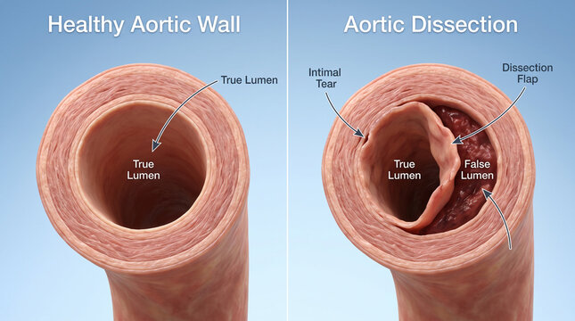 Anatomical Comparison of a Healthy Aortic Wall versus Aortic Dissection with False Lumen