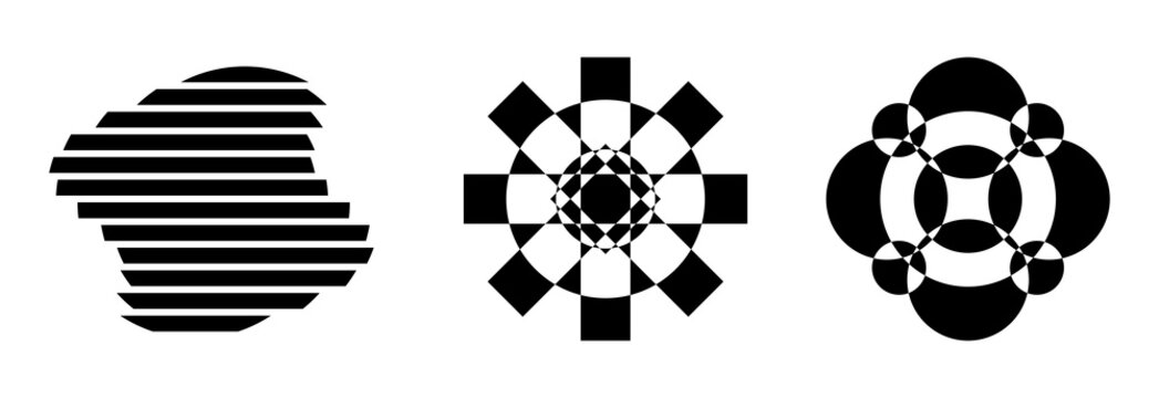 Set of three abstract geometric black and white vector shapes isolated on transparent background