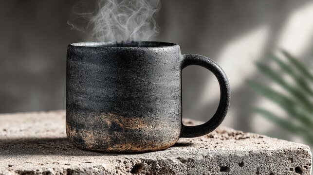 Rustic black ceramic coffee mug with steam rising on a textured concrete surface surrounded by soft natural light and plant shadows