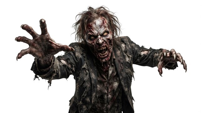 A terrifying undead zombie reaching out with clawed hands isolated against a plain white background for horror projects