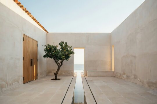 Minimalist architectural courtyard with a single green tree, stone floor, wooden door, and a narrow water channel leading to the sea view