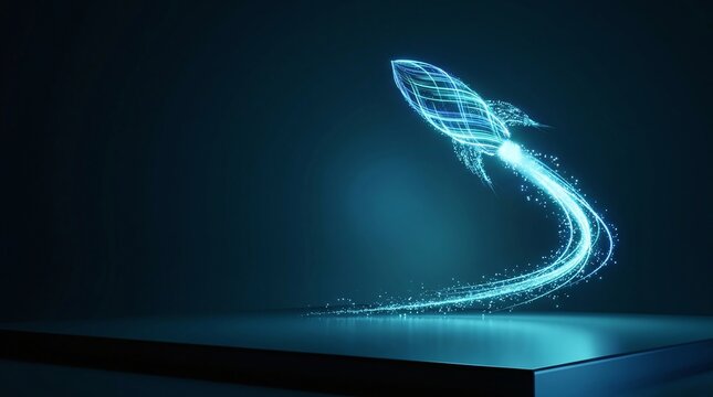 Glowing rocket of light streaks launching upward startup acceleration concept