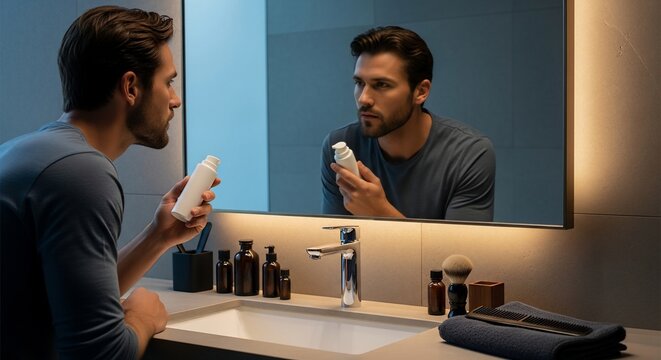 Handsome man holding skincare bottle looking at mirror in modern bathroom