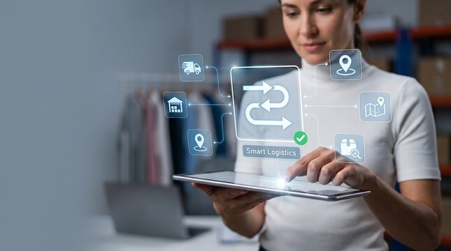 Female Logistics Manager Interacting with AI Smart Logistics Hologram in Fashion Warehouse Distribution Background
