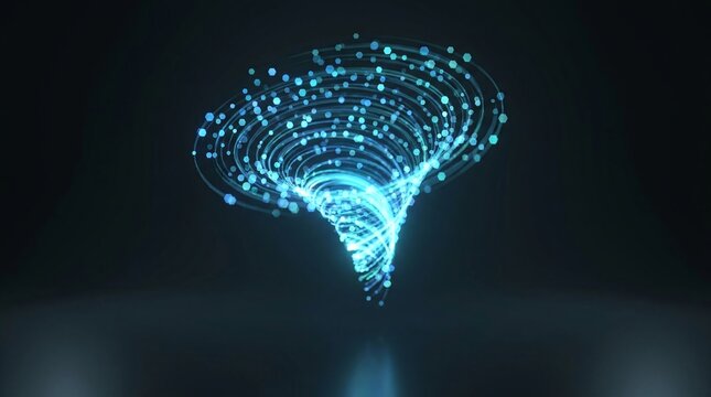 Glowing vortex funnel of light data particles big data processing concept