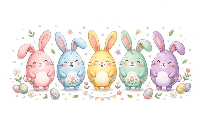 Cute easter bunny family with colorful eggs 