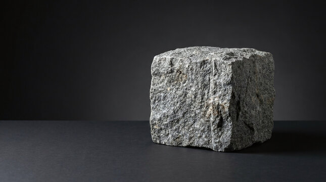 Rough hewn grey granite block standing on dark surface with copy space