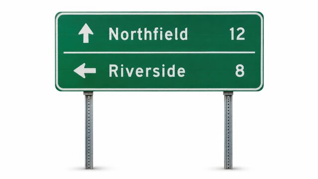 green highway sign indicates directions and distances: 12 miles straight ahead to Northfield and 8 miles left to Riverside.
