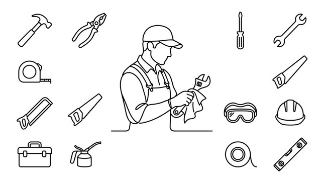 Handyman line art with tools and equipment.