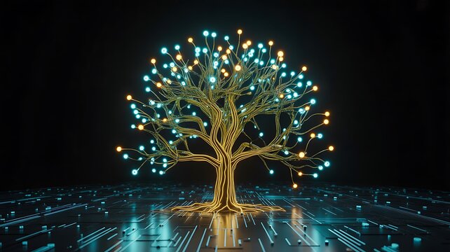 Futuristic glowing digital tree representing technology, growth, innovation, and sustainable energy