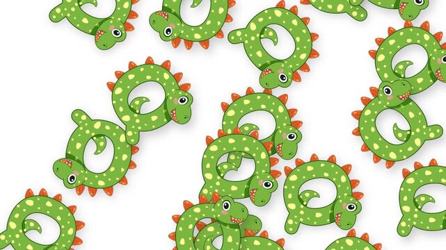 Cartoon Green Dinosaur Rings Falling on a White Background