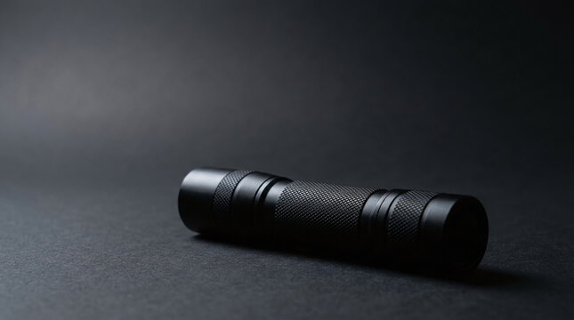 Black metal tactical LED flashlight with knurled grip on dark surface