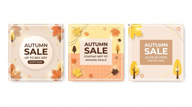 Autumn sale banner set with fall leaves for social media posts, promotional ads, discounts, online shopping, and marketing campaigns.