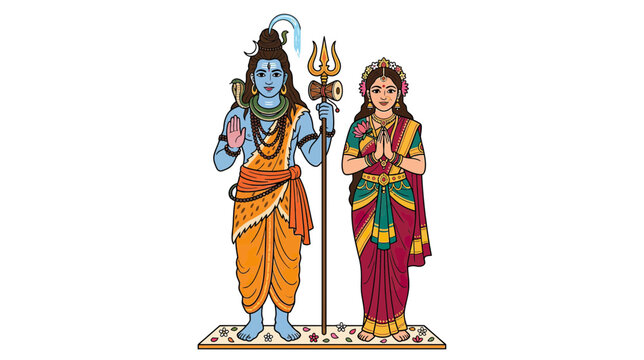 Deity Couple Illustration with Trident and Offering