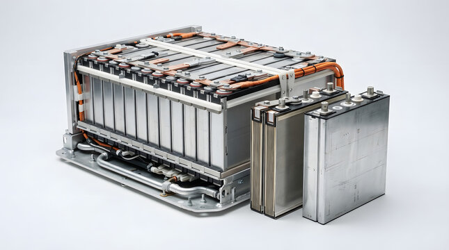 Modern Electric Vehicle Battery Pack with Prismatic Lithium Ion Cells, Copper Busbars and Integrated High Voltage Connections